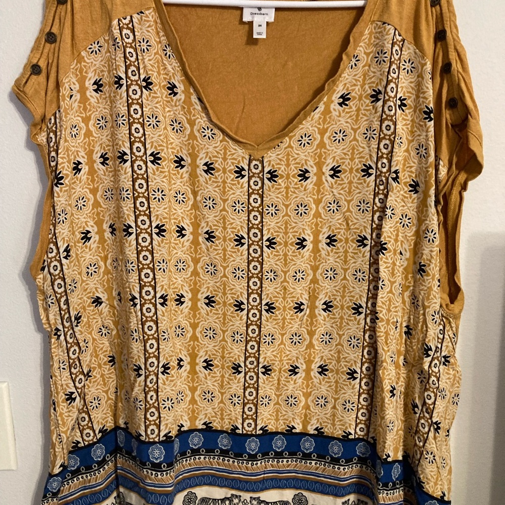 Dress Barn Mustard and Blue Floral Blouse